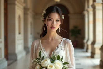 Mariée en robe midi ivoire avec dentelle devant les portes d'une mairie française lors d'un mariage civil intime