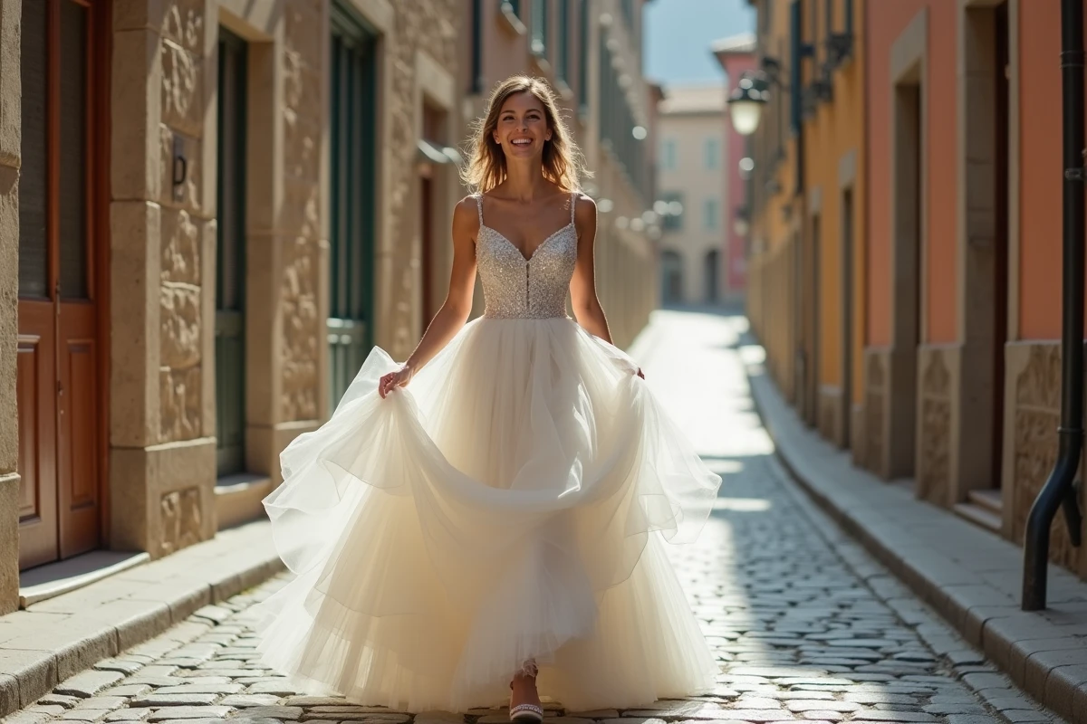 Mariée marchant dans une ruelle en robe princesse pailletée bouffante, allure naturelle et décontractée en extérieur