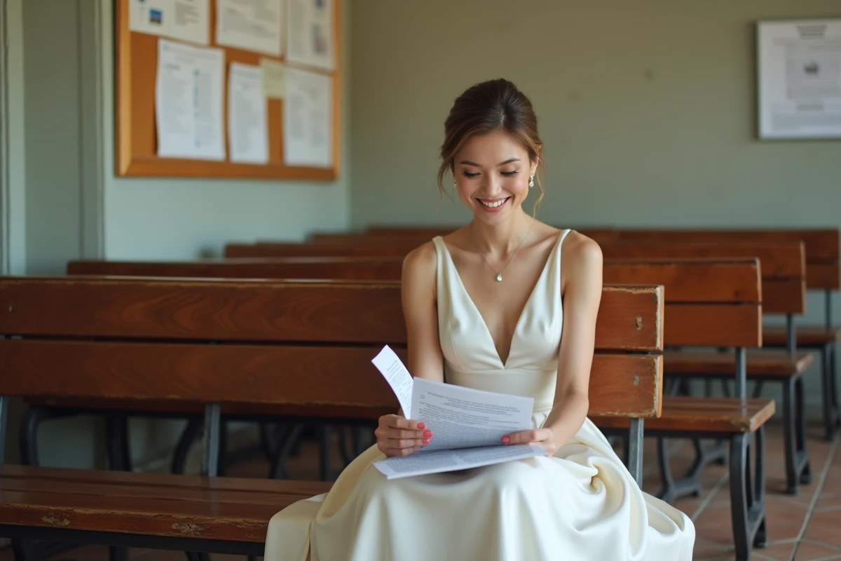 Mariée assise en salle d'attente de mairie révisant son plan B avec documents imprimés pour mariage civil