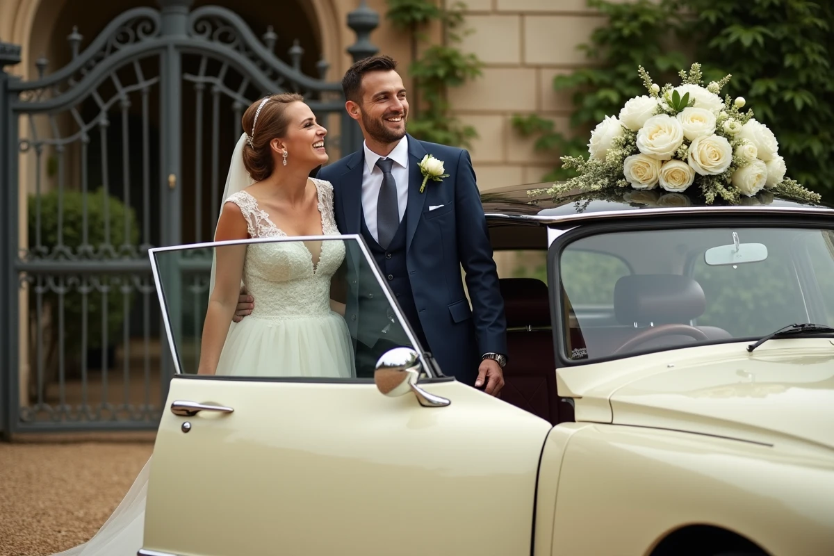 Mariés montant dans une Citroën DS vintage décorée de fleurs devant un domaine à Toulouse