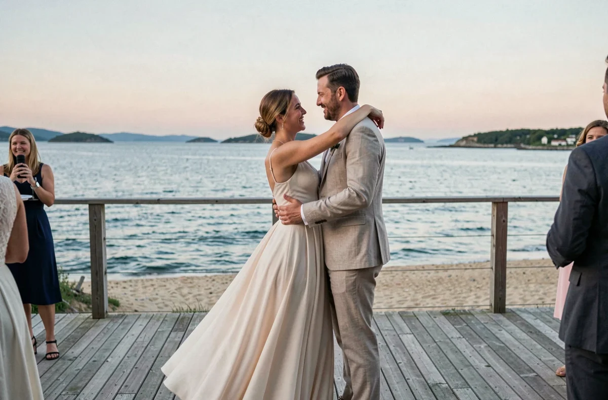 Couple dansant en plein air avec le golfe du Morbihan en arrière-plan, reportage Mathieu Lavenu Photographie