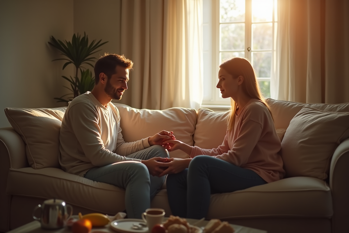 Couple assis sur le canapé partageant un moment intime