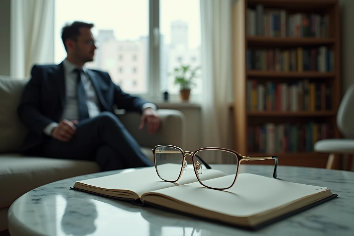 Carnet fermé et lunettes dorées sur une table en marbre dans un appartement urbain