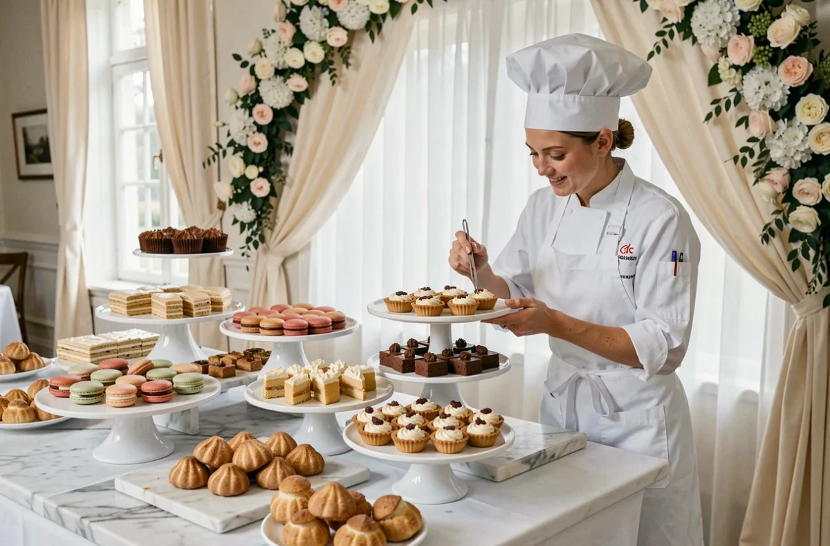 Pâtissière traiteur finalisant un buffet gourmand de desserts raffinés pour un mariage en Normandie