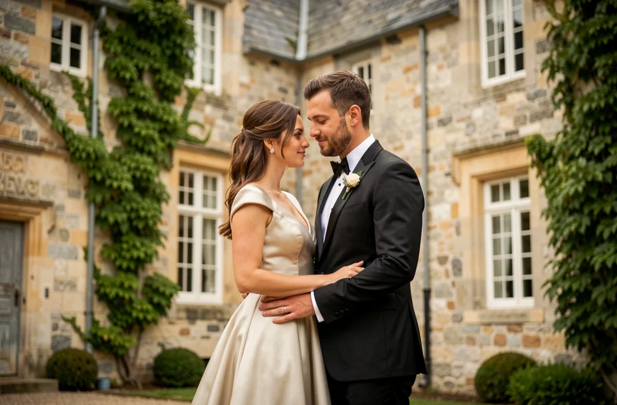 Couple de mariés devant un manoir en pierre du Morbihan, photographie par Olivier Baron Photographe