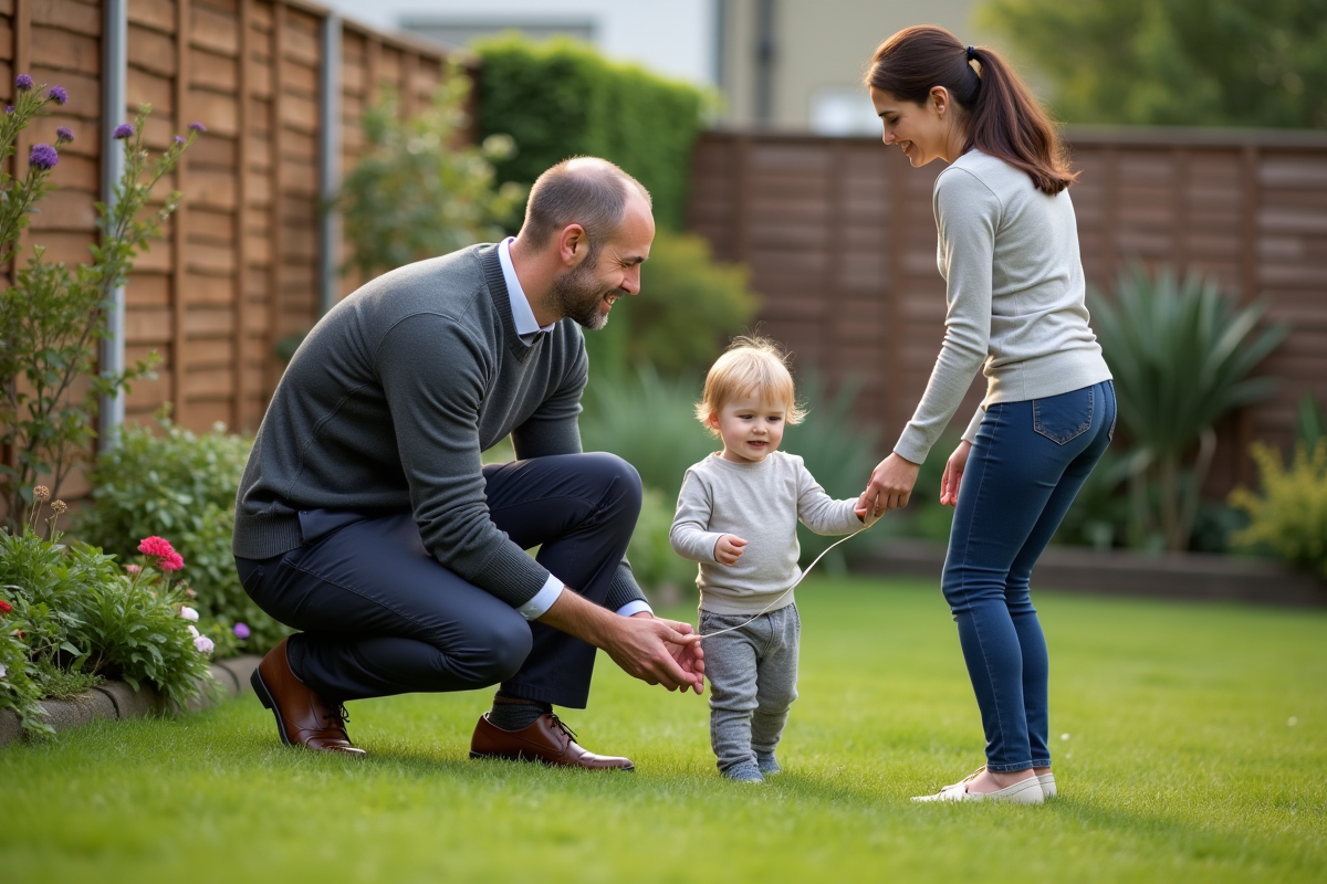 Père en jardin attachant le lacet de son enfant dans un espace extérieur familial