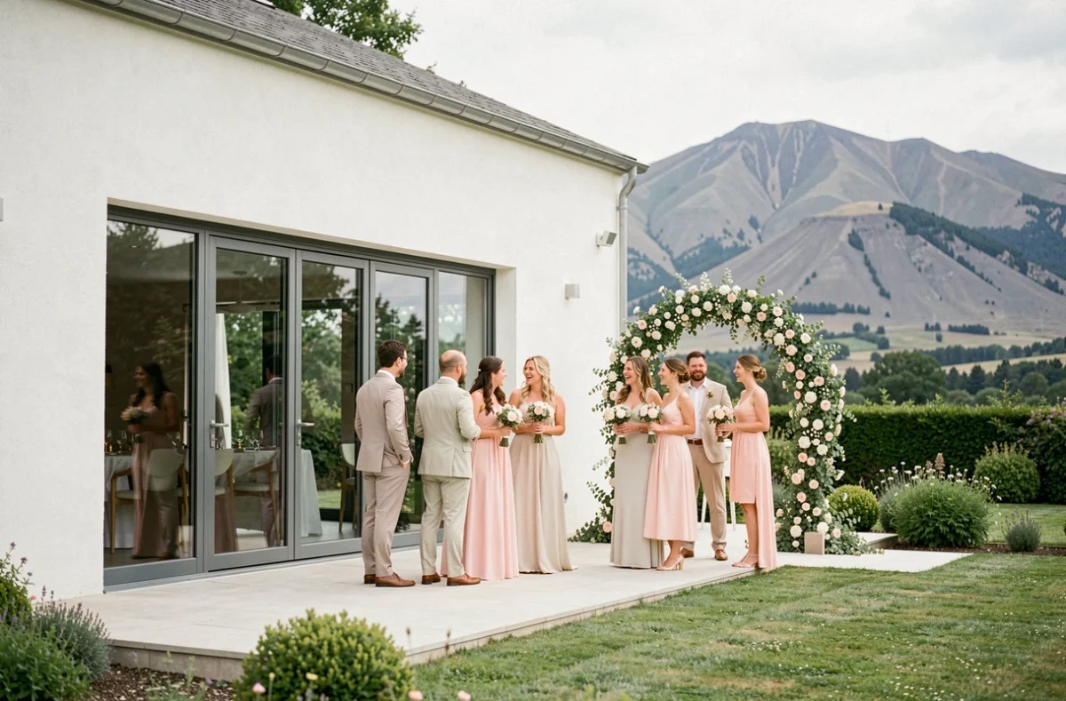Pavillon Fani avec son espace terrasse décoré d'un arche florale pour une réception de mariage