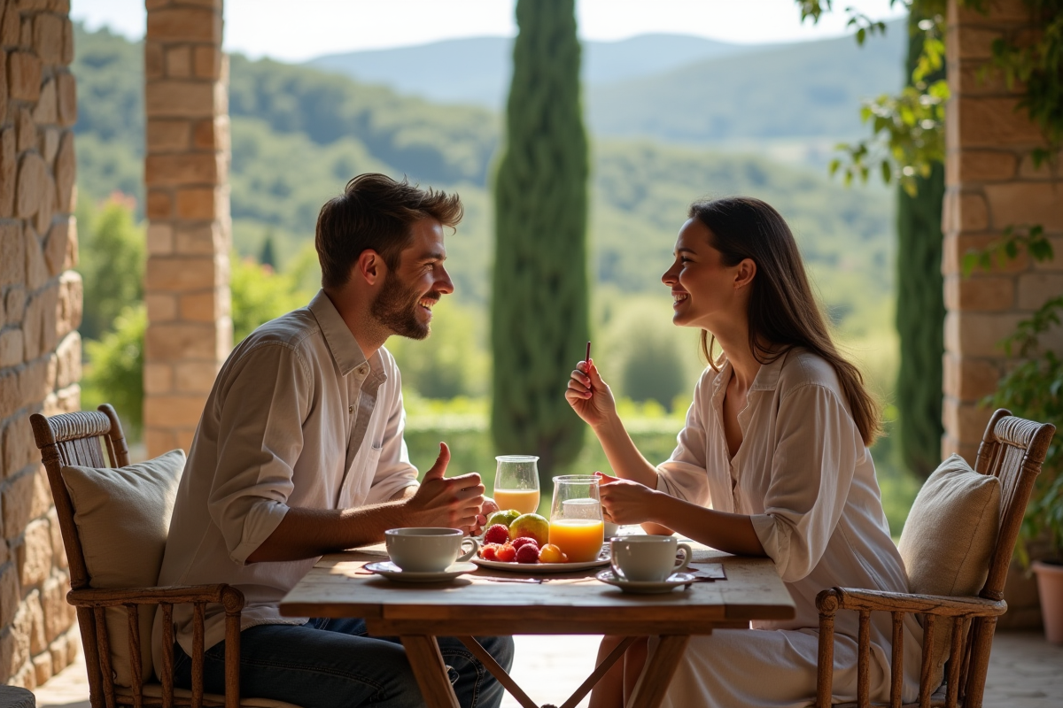Jeune couple dégustant petit déjeuner à la villa champêtre