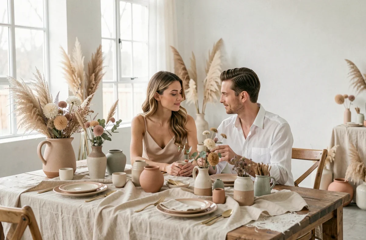 Couple lors d'un shooting élaboré dans l'atelier photographique Petite Coty, style épuré et botanique dans le Morbihan