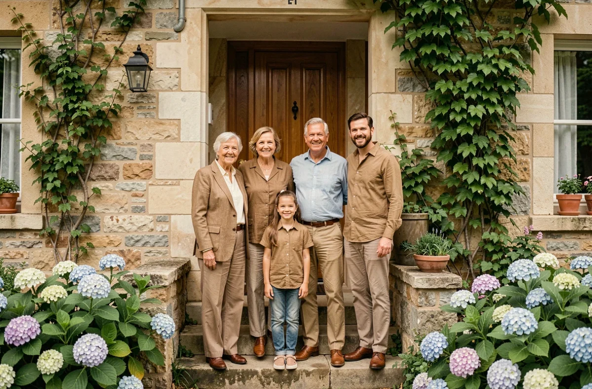 Photo de famille multigénérationnelle devant une maison en pierre dans un quartier résidentiel de Plaisir