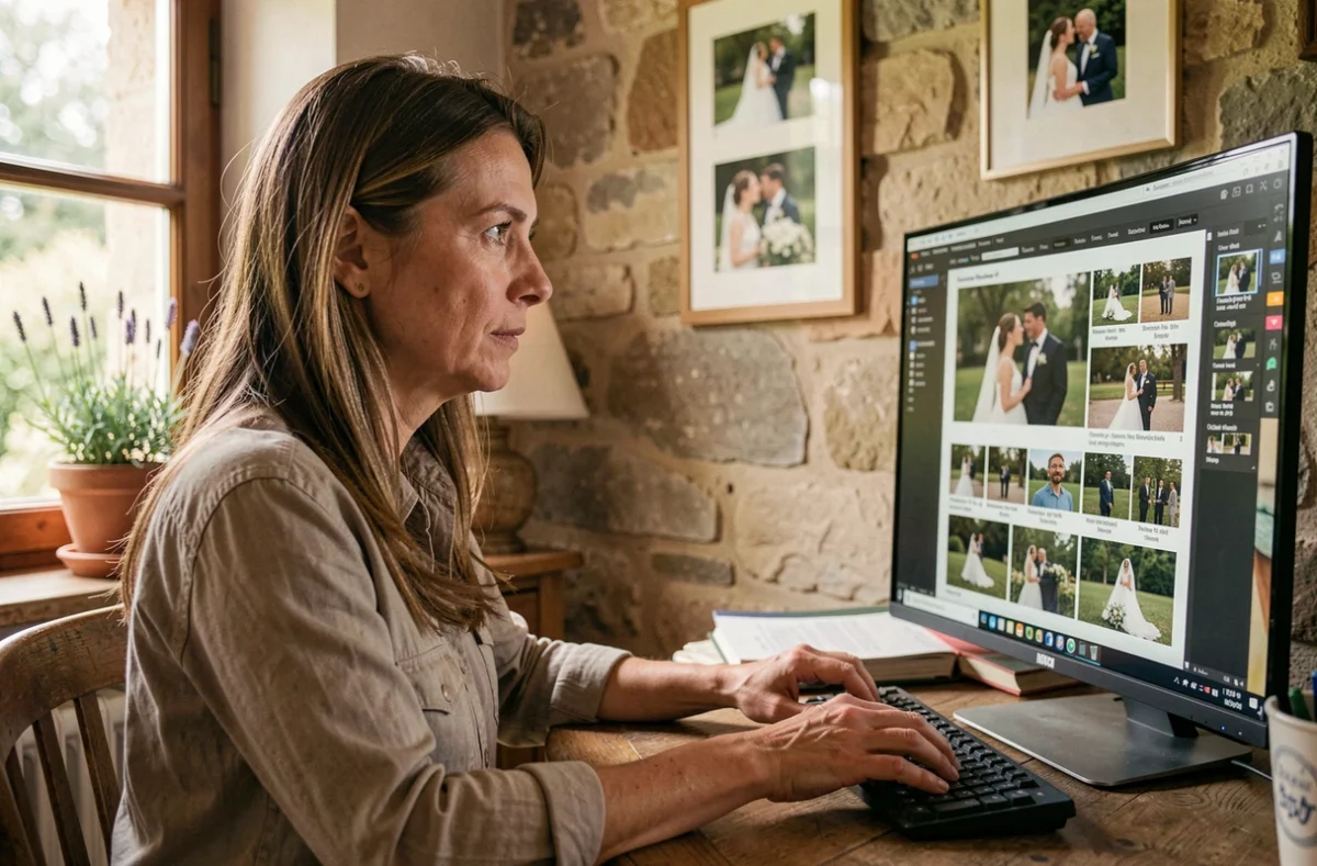 Photographe événementielle à Allauch retouchant des photos sur son ordinateur dans un bureau de style provençal
