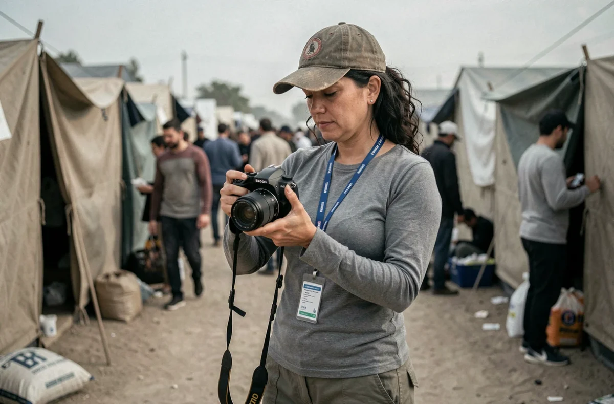 Photographe de guerre femme dans un camp de réfugiés, baissant son appareil photo avec une expression d'empathie