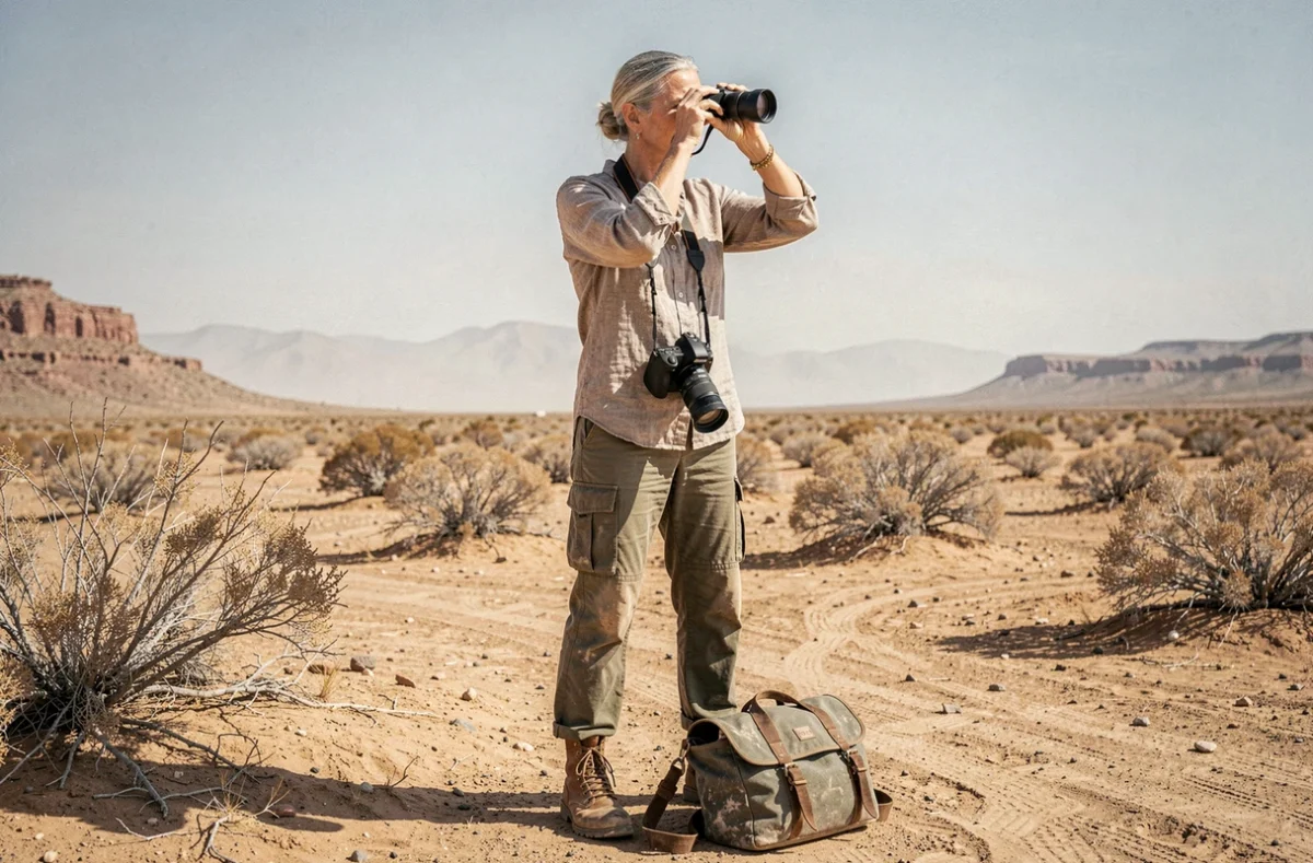 Femme photographe de guerre debout dans un paysage aride et rocheux, scrutant l'horizon avec des jumelles