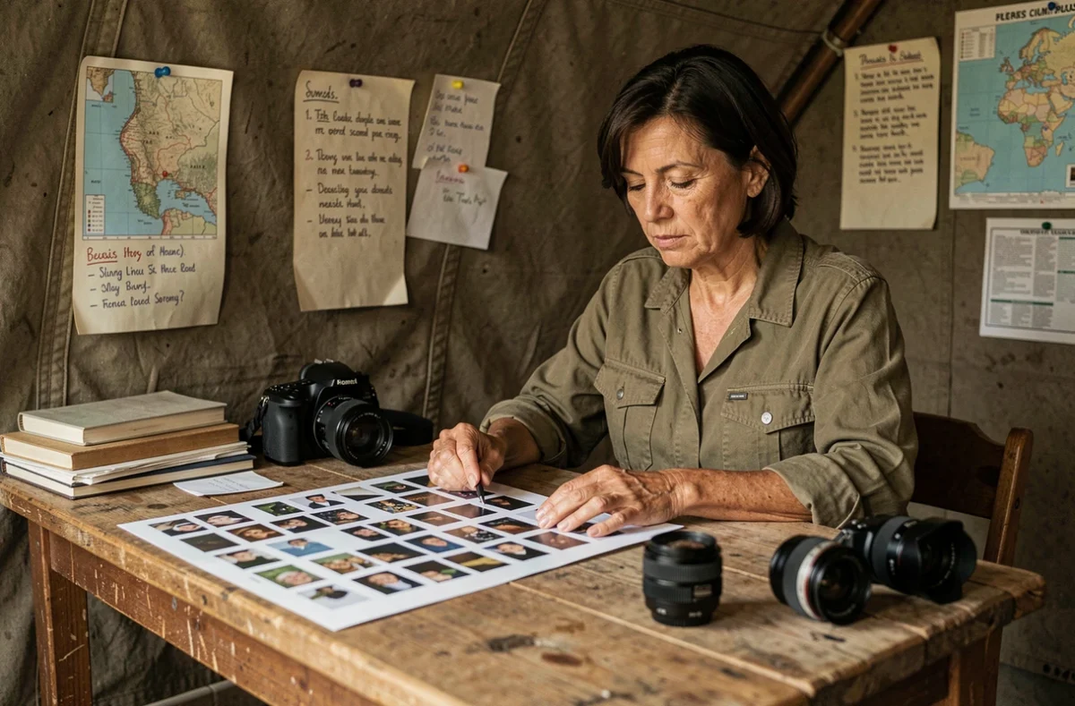 Photographe de guerre féminine examinant des planches contact dans une tente de presse militaire de campagne