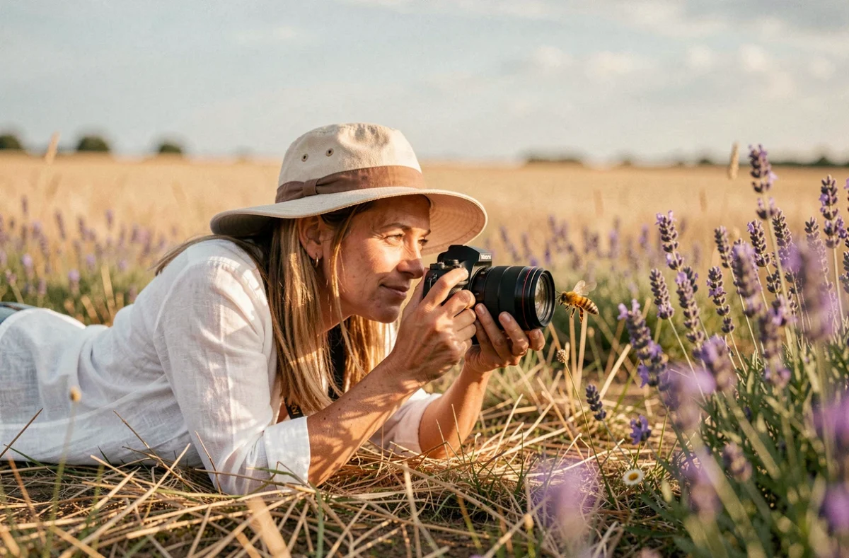 Photographe femme allongée dans un champ de lavande, photographiant une abeille en vol stationnaire avec un objectif macro au coucher d'été