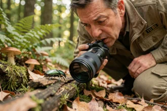 Photographe spécialisé en insectes accroupi en forêt, capturant un coléoptère vert métallique avec un objectif macro sur un tronc moussu