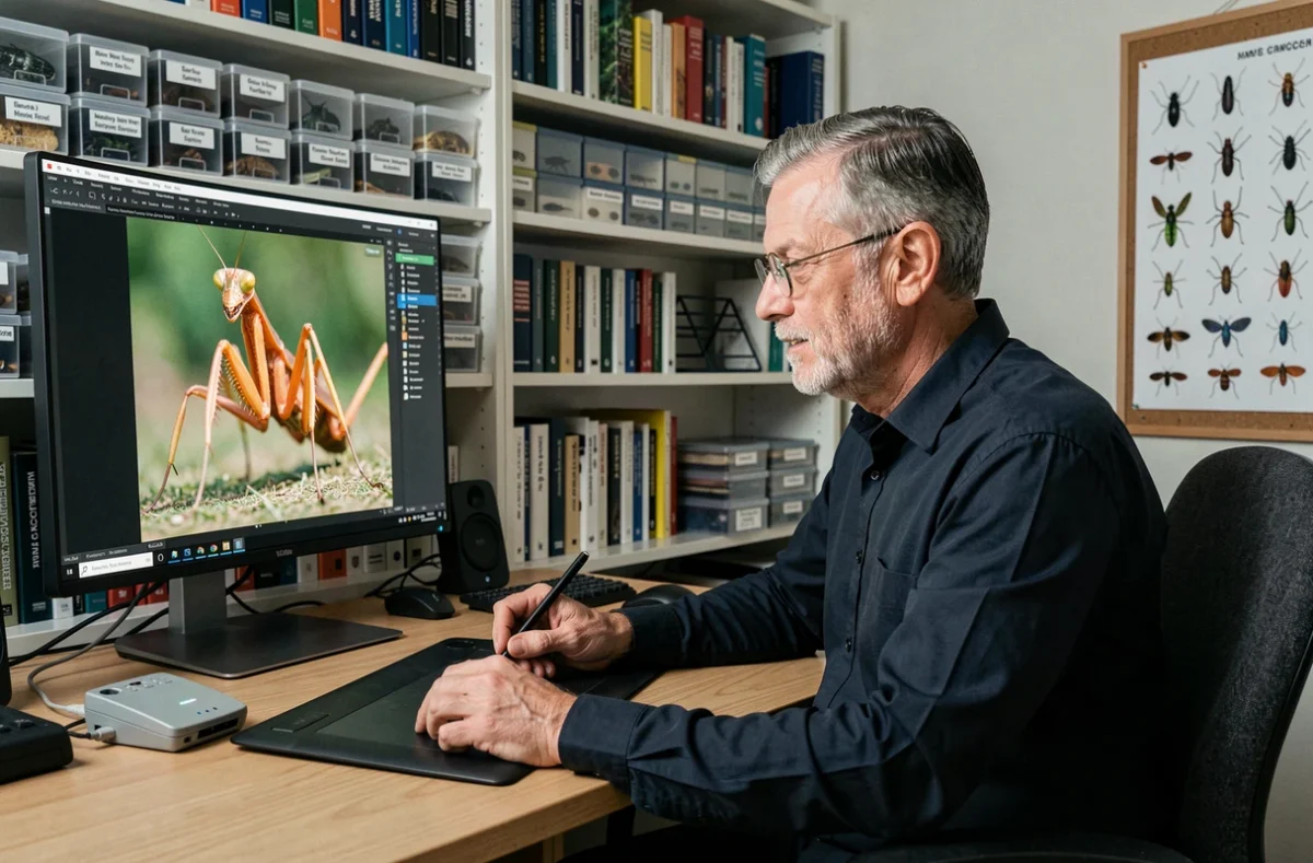Photographe entomologiste retouchant des photos de mante religieuse sur un grand écran dans son studio, entouré de guides de terrain et de planches contact