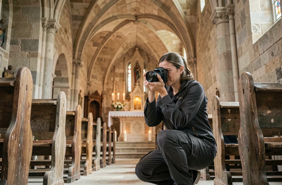 Photographe de mariage professionnelle en action lors d'une cérémonie dans une église de Carcassonne