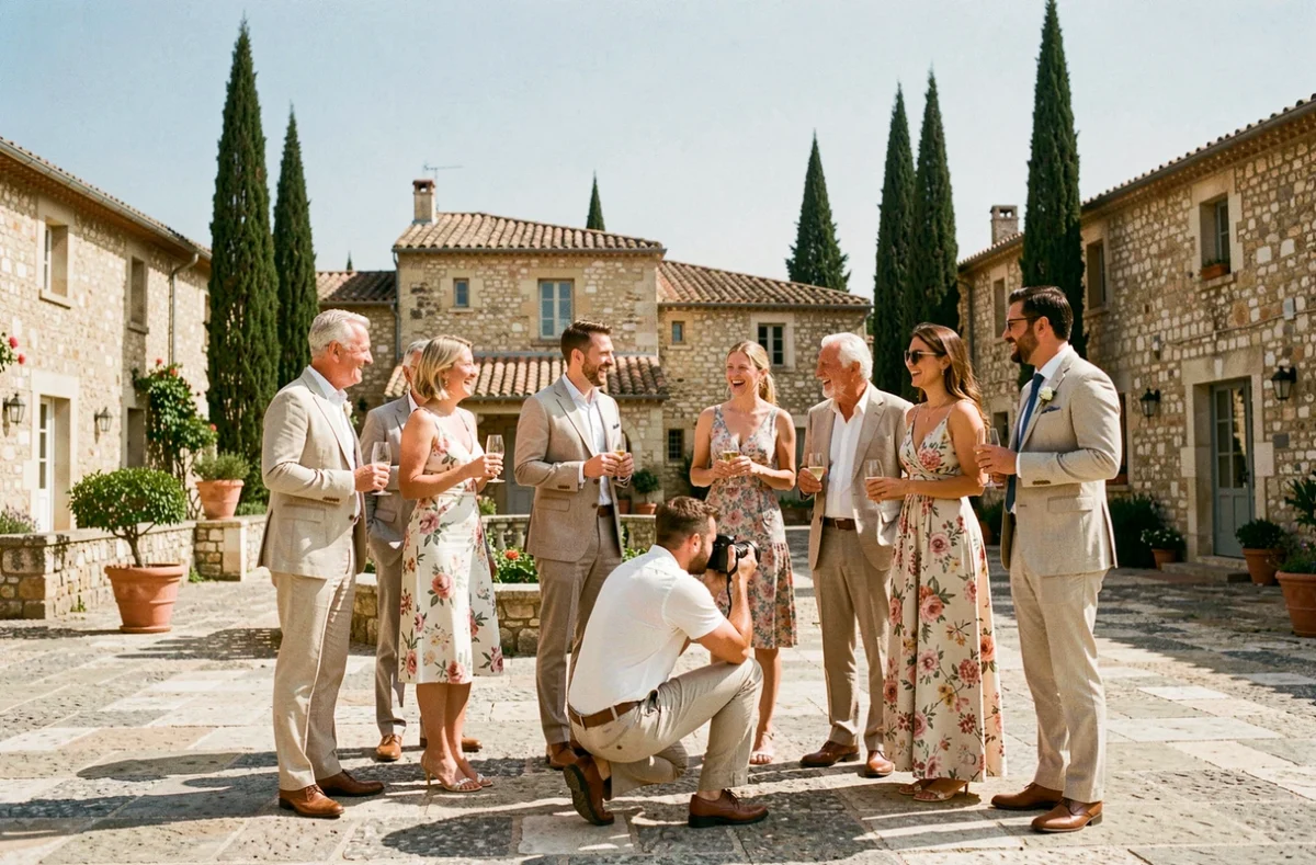 Photographe capturant un groupe de mariage en plein air sur une place en pierre du village d'Allauch