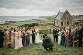 Photographe de mariage en action lors d'une cérémonie en plein air dans le Morbihan, avec une chapelle en pierre et la côte bretonne en arrière-plan