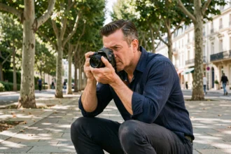 Photographe professionnel en séance photo dans les rues de Plaisir, appareil photo en main sur une avenue arborée
