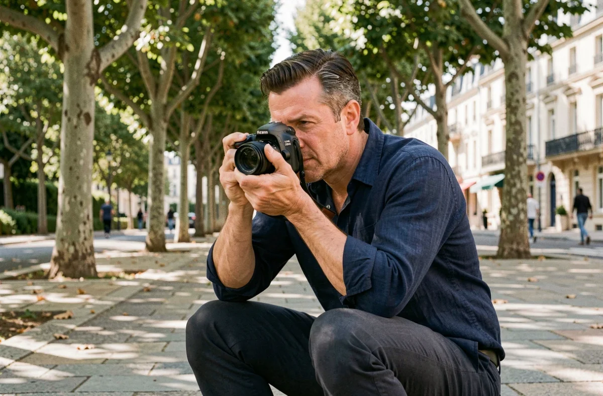 Photographe professionnel en séance photo dans les rues de Plaisir, appareil photo en main sur une avenue arborée