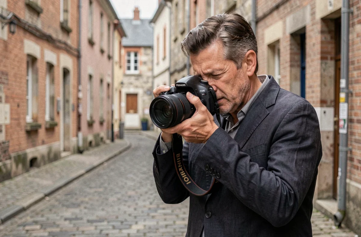 Photographe professionnel tenant un appareil photo dans une rue historique en Normandie, style Elbeuf