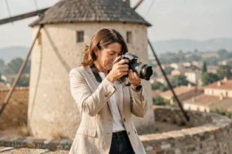 Photographe professionnelle à Allauch ajustant son appareil photo devant le moulin emblématique du village provençal