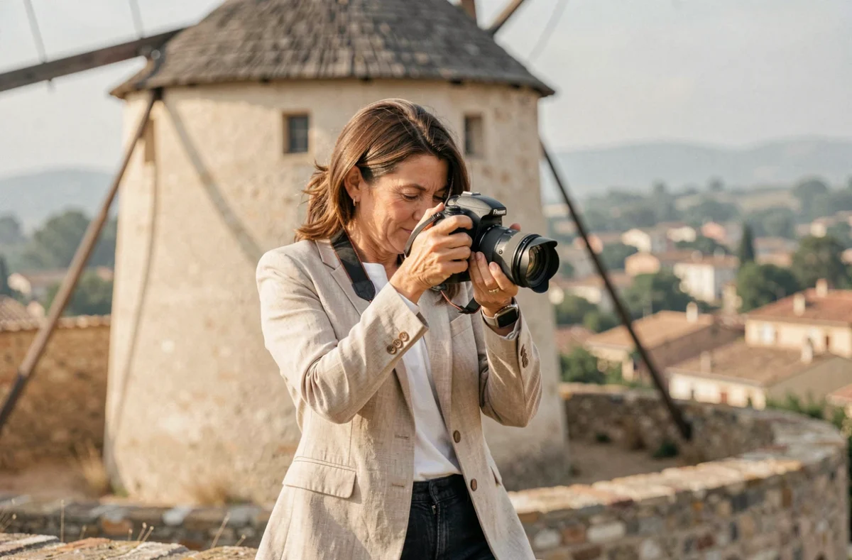 Photographe professionnelle à Allauch ajustant son appareil photo devant le moulin emblématique du village provençal