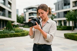 Photographe professionnelle qui ajuste son appareil photo devant une place moderne à Colomiers