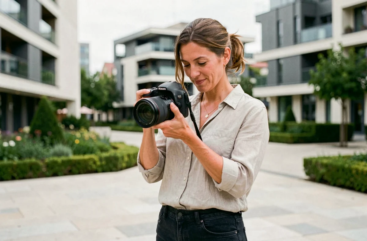 Photographe professionnelle qui ajuste son appareil photo devant une place moderne à Colomiers