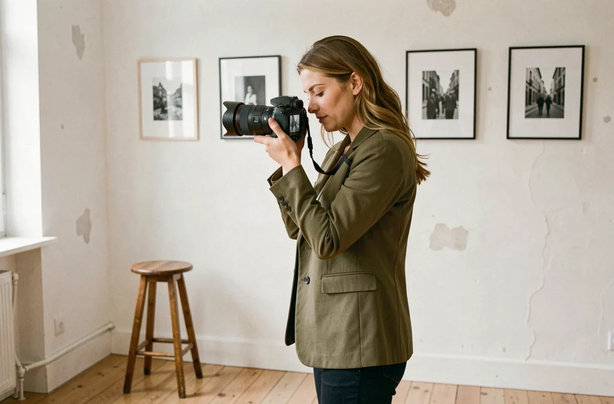 Photographe professionnelle dans son studio à Plaisir, révision des clichés sur son appareil photo reflex