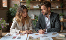 Jeune femme et homme discutant de mariage dans un studio chaleureux