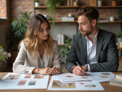 Jeune femme et homme discutant de mariage dans un studio chaleureux