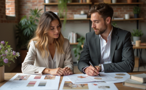 Jeune femme et homme discutant de mariage dans un studio chaleureux