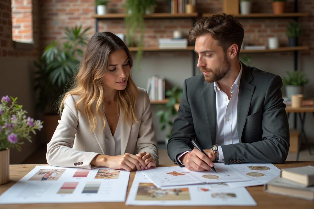 Jeune femme et homme discutant de mariage dans un studio chaleureux