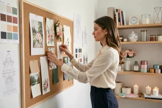 Planificatrice de mariage à thème préparant un tableau d'inspiration avec des échantillons de tissu et des cartes de couleurs dans un studio créatif moderne