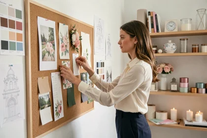 Planificatrice de mariage à thème préparant un tableau d'inspiration avec des échantillons de tissu et des cartes de couleurs dans un studio créatif moderne