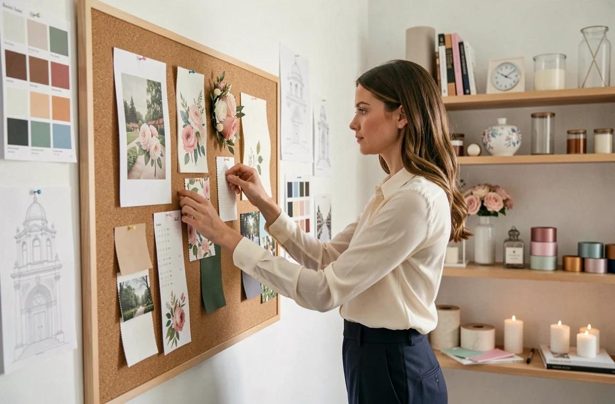 Planificatrice de mariage à thème préparant un tableau d'inspiration avec des échantillons de tissu et des cartes de couleurs dans un studio créatif moderne