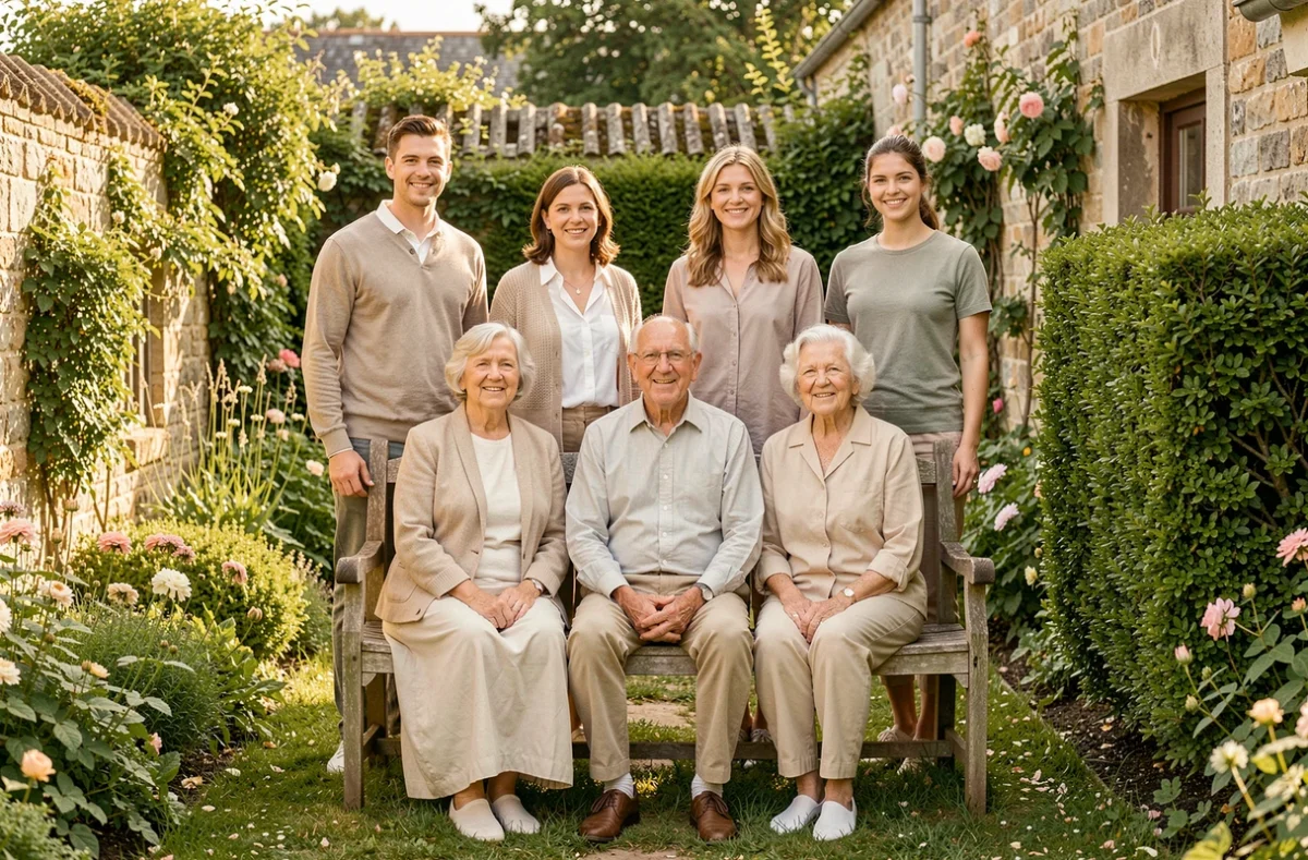 Portrait de famille multigénérationnelle dans un jardin normand lors d'une séance photo à Elbeuf