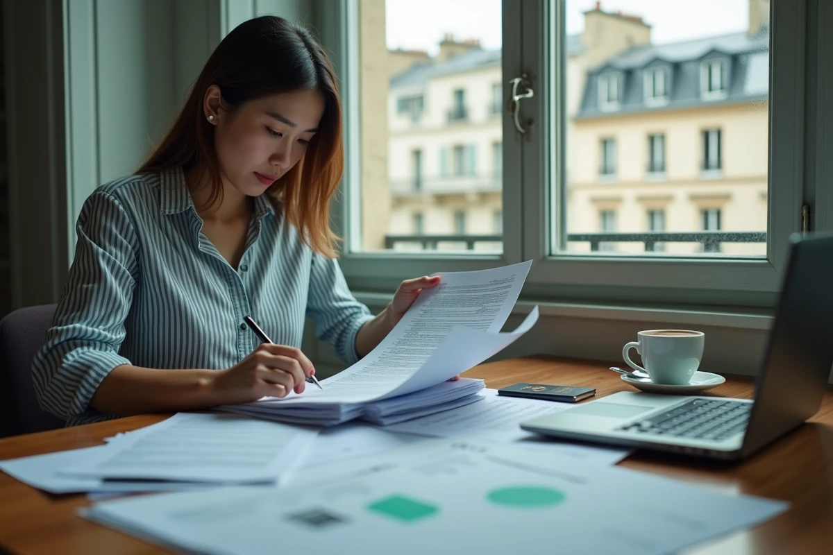 Femme préparant son dossier de visa long séjour conjoint pour rejoindre son époux en France