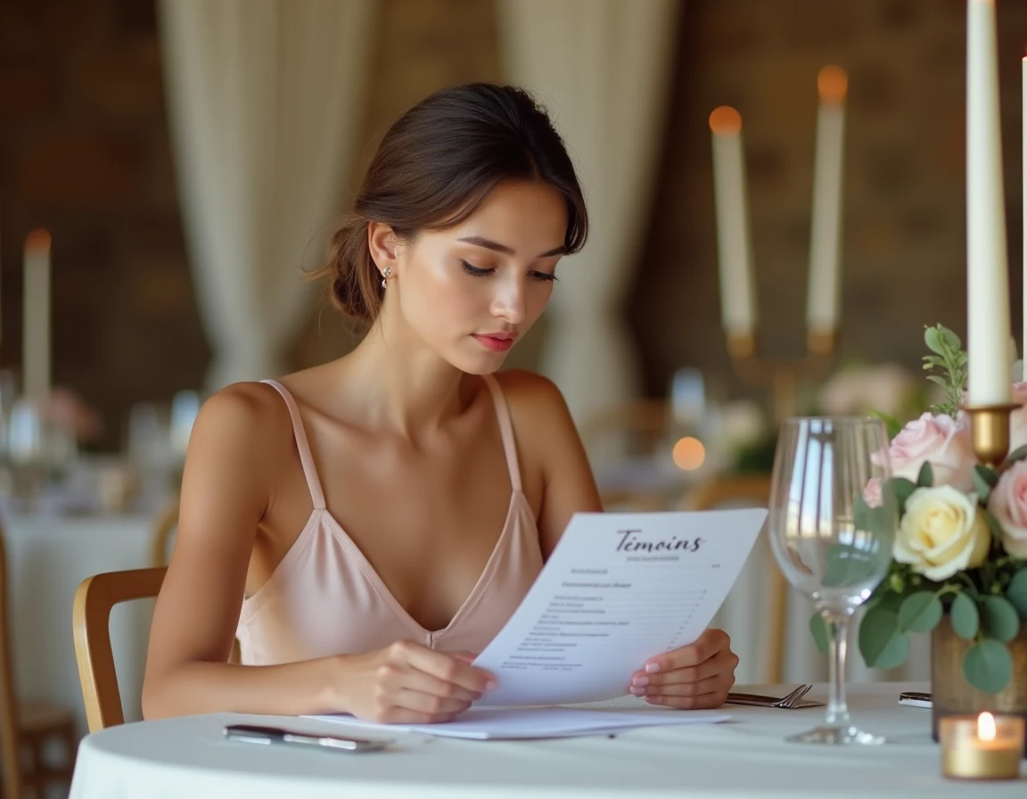 Future mariée vérifiant la liste des témoins de mariage sur un carnet lors de la préparation du mariage