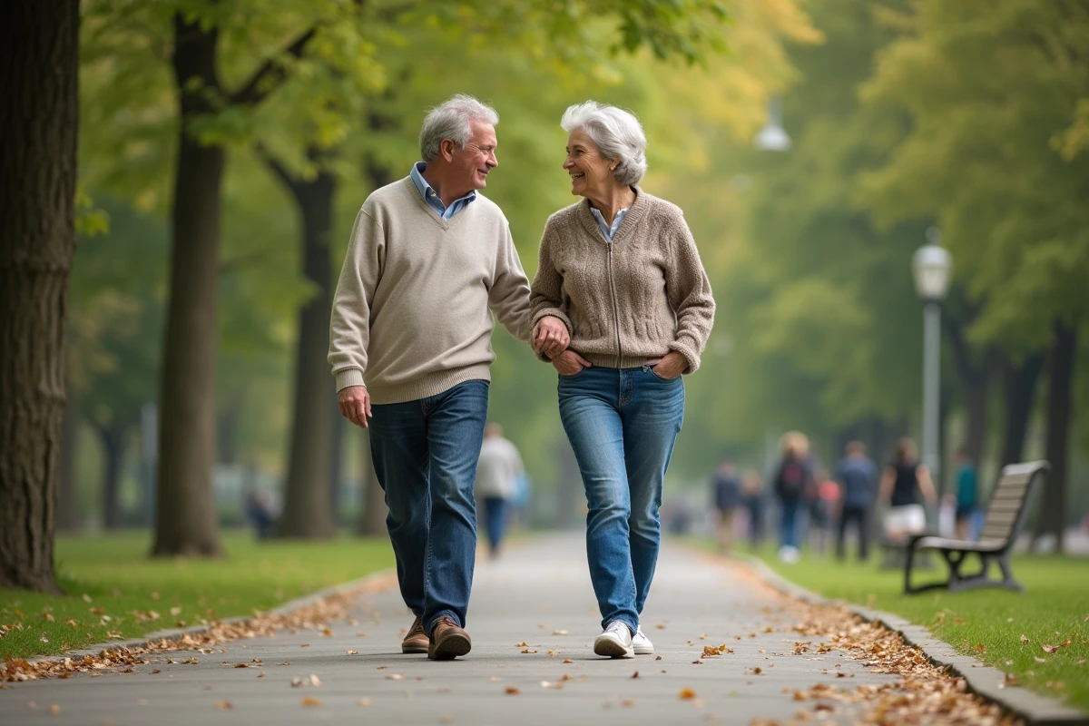 Couple marchant main dans la main dans un parc verdoyant en après-midi
