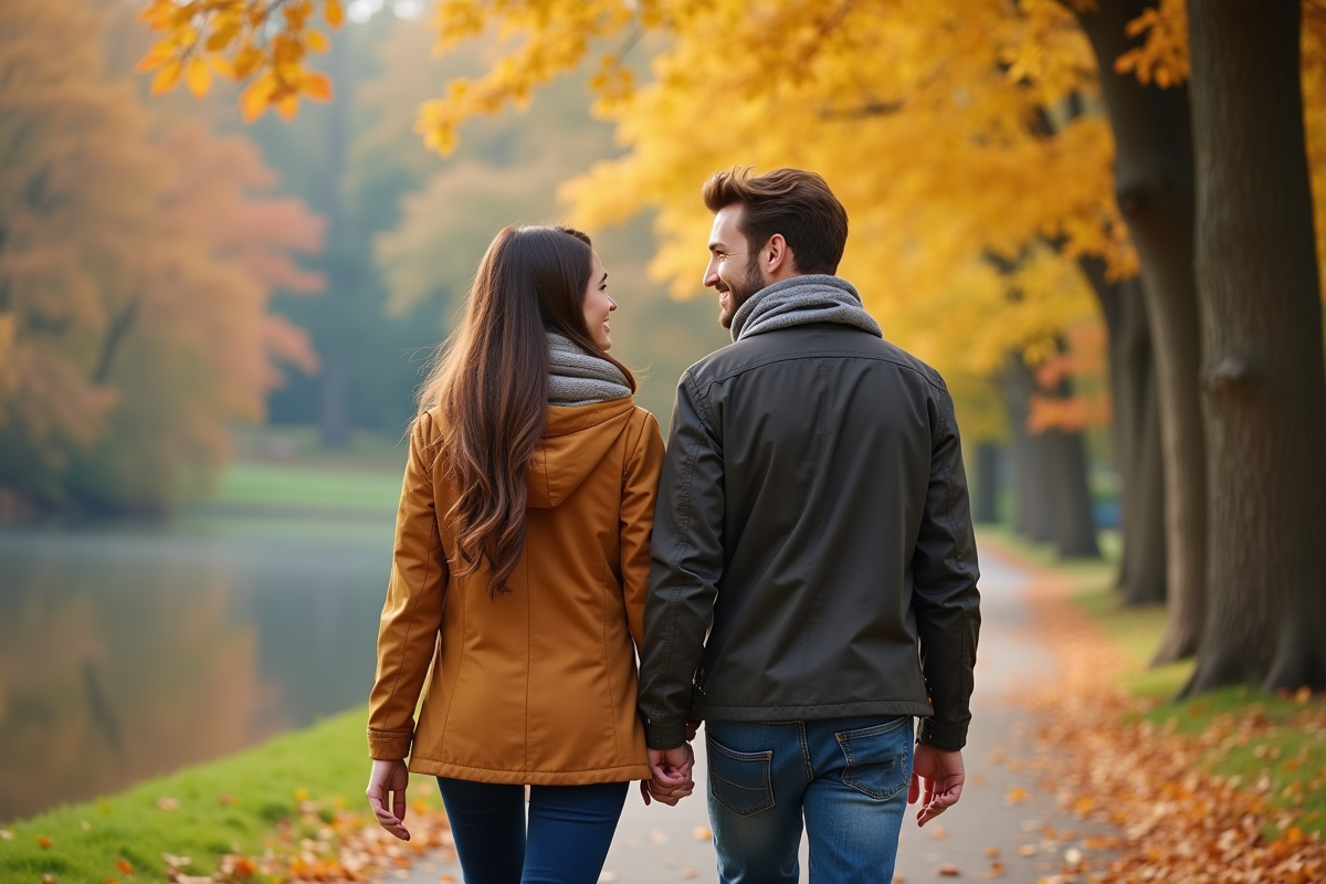 Jeune couple marchant dans un parc d