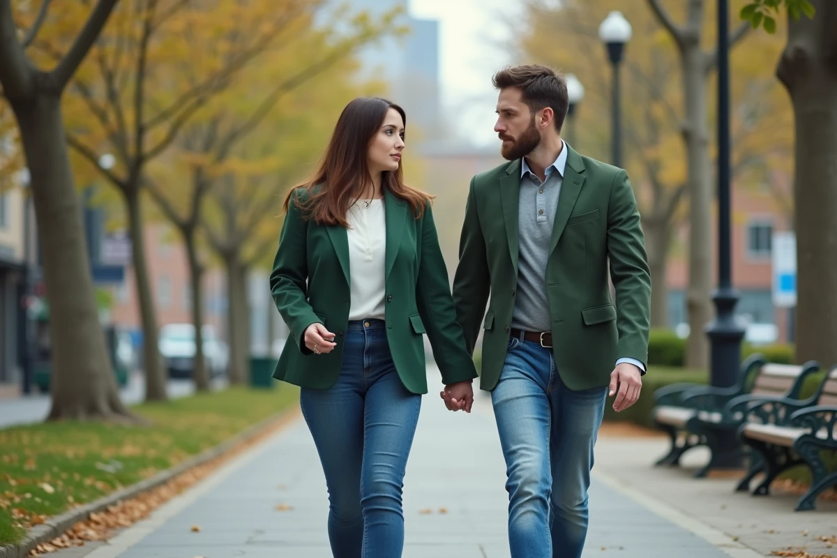 Femme et homme marchent dans un parc urbain