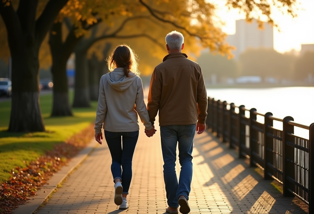 Couple marchant main dans la main le long d