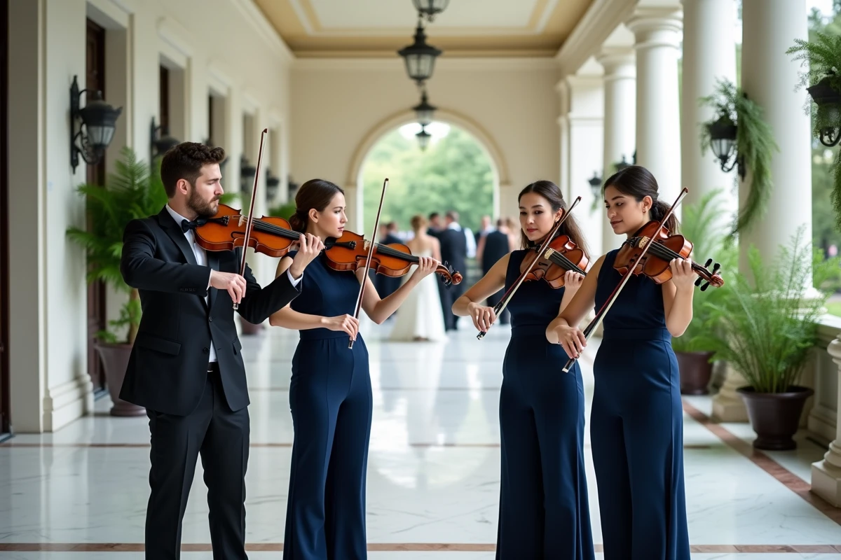 Quatuor à cordes en tenue marine jouant un arrangement contemporain dans un couloir de mariage en marbre orné de guirlandes de verdure