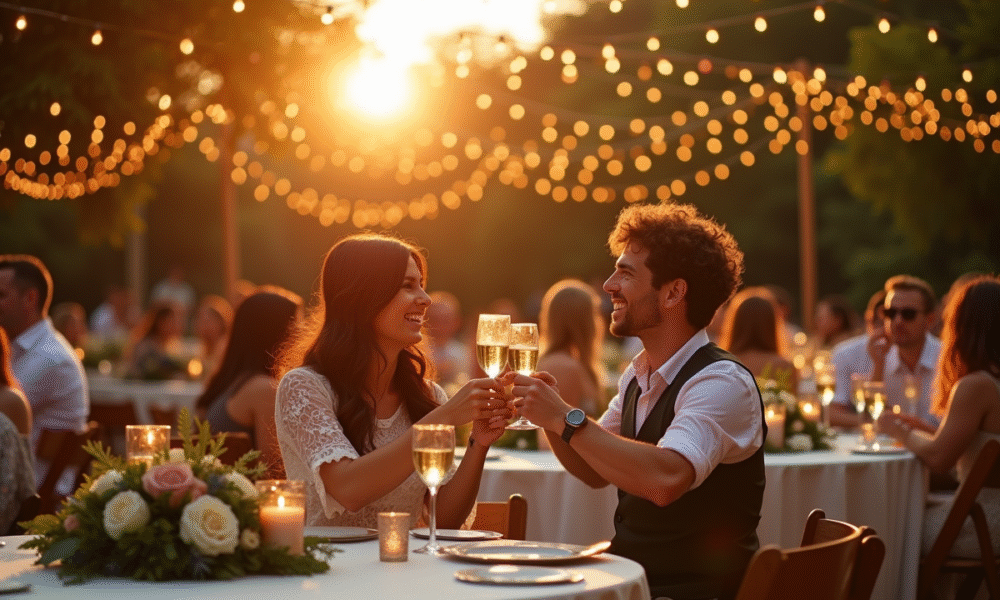 Réception de mariage en plein air au coucher du soleil avec tables blanches et guirlandes lumineuses