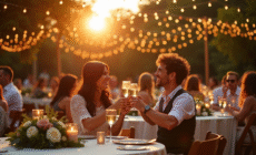 Réception de mariage en plein air au coucher du soleil avec tables blanches et guirlandes lumineuses