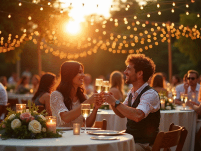 Réception de mariage en plein air au coucher du soleil avec tables blanches et guirlandes lumineuses